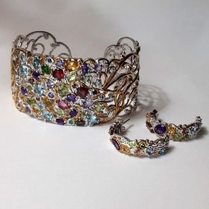 925 Genuine Multi Gemstone Cuff and Earrings SET. Luxury, Authentic.